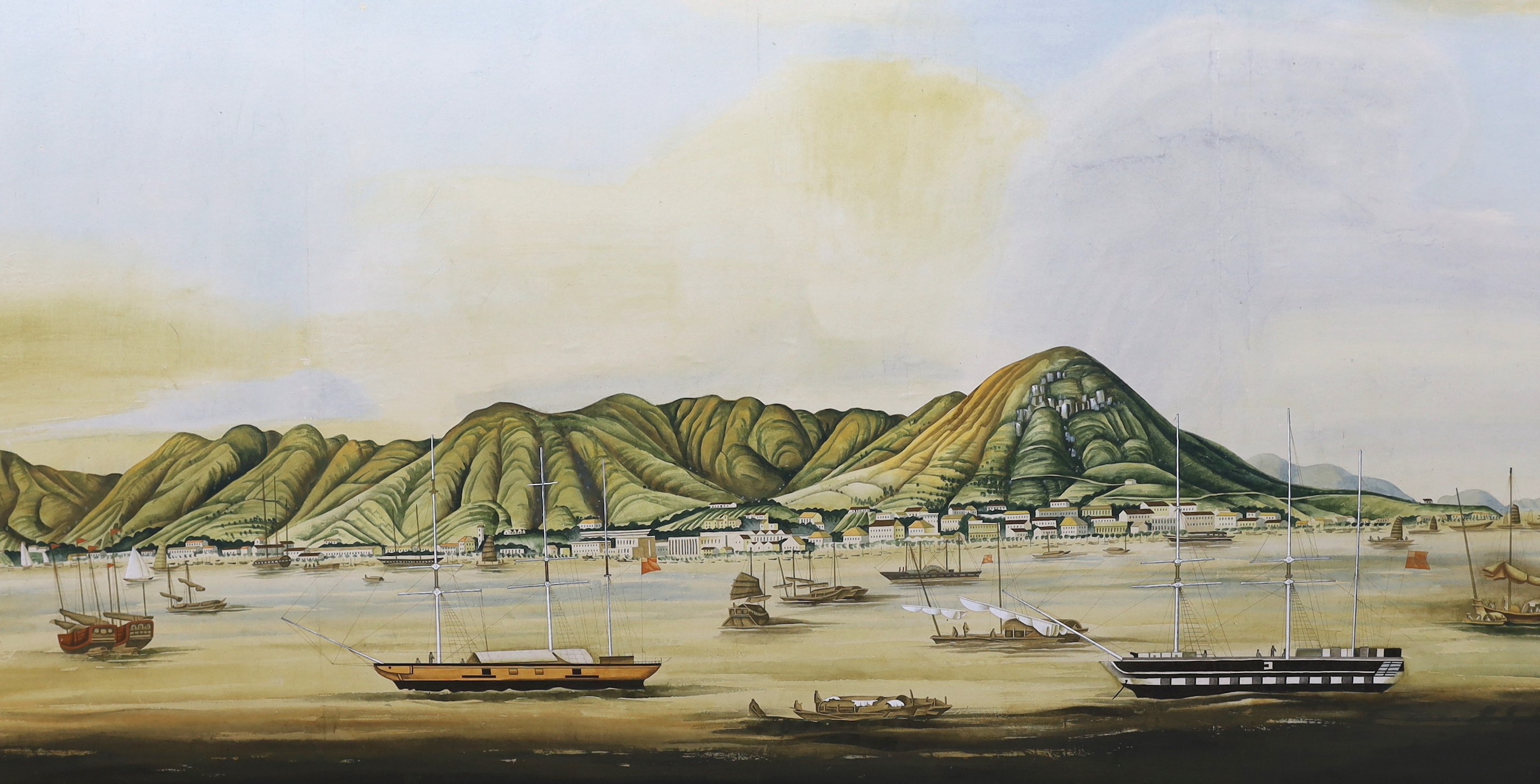 20th century Chinese School, watercolour, Shipping off Hong Kong in the 19th century, 71 x 137cm, unframed